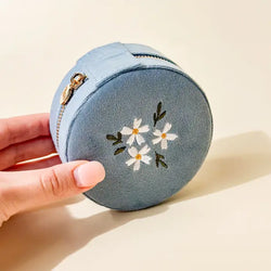 Round Velvet Floral Jewelry Case (Misty Blue)