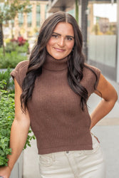 Brown cowl neck short sleeve sweater